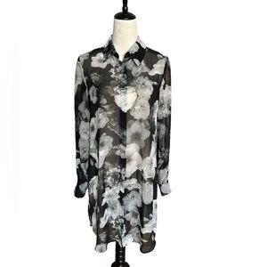 Calvin Klein black white floral chiffon button down shirt going out blouse